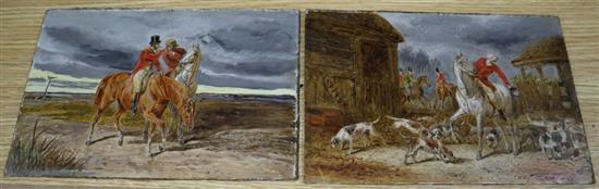 19th century English School, pair of oils on millboard, Hunting scenes, 15 x 22.5cm, unframed